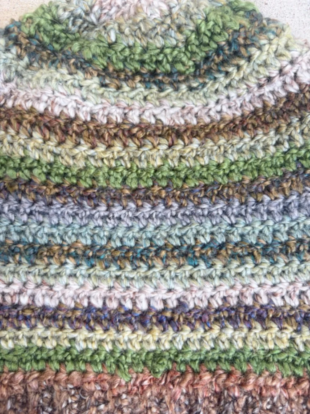 Handmade Crocheted Striped Beanie in Green, Brown, and Grey